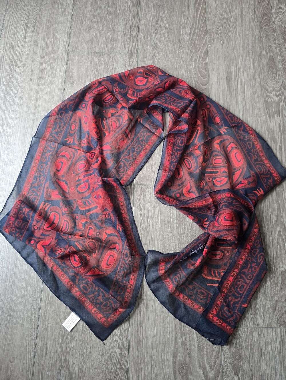 Vintage Boma Jocelyne Mange Native Art Scarf Red Dark Navy Sheer Long Italy